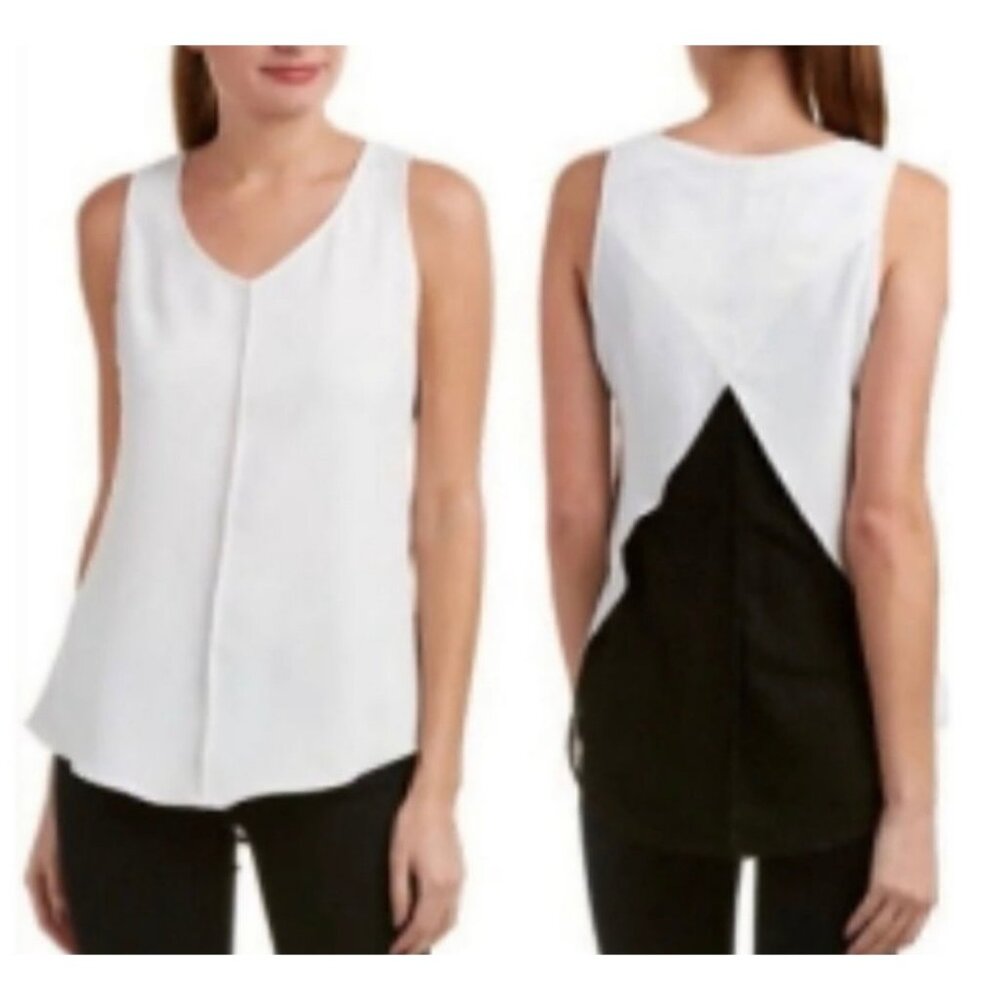 •SOLD•CABI White + Black Domino Mesh Layered Criss-Cross Back Sleeveless Blouse